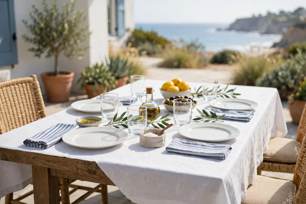 Outdoor dining table with a white cloth, blue striped napkins, white plates, and clear glasses in bright daylight.