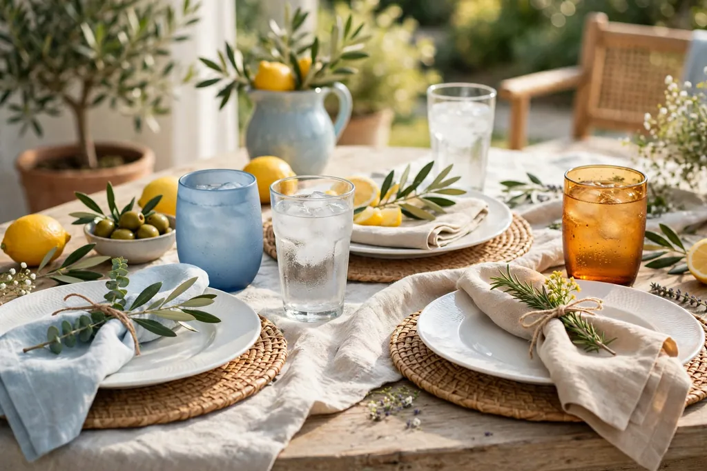 Summer table place setting with clear glasses mixed with soft blue and amber tumblers beside white plates.