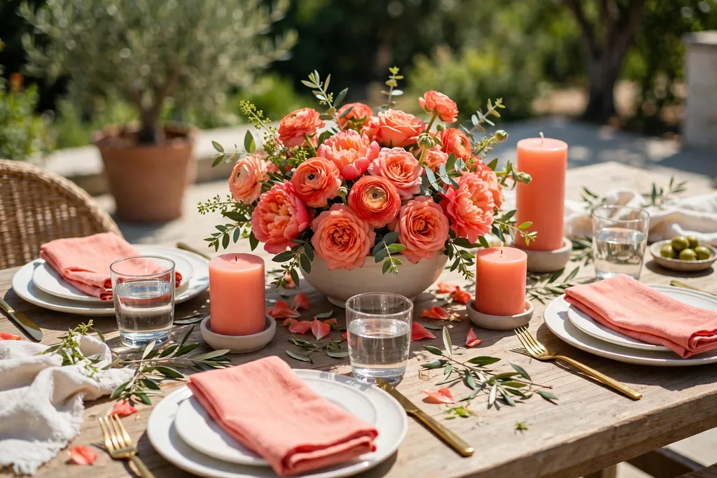 Summer party table with white plates, coral napkins, coral candles, and a bowl of coral flowers.