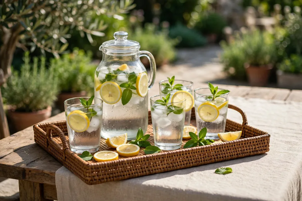 Tray at the end of a summer dining table with a water jug, glasses, lemon slices, and mint.