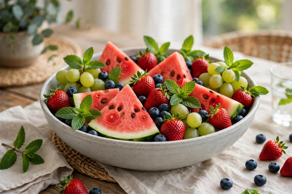 Wide bowl of watermelon slices, strawberries, blueberries, and grapes with mint leaves on a summer table.