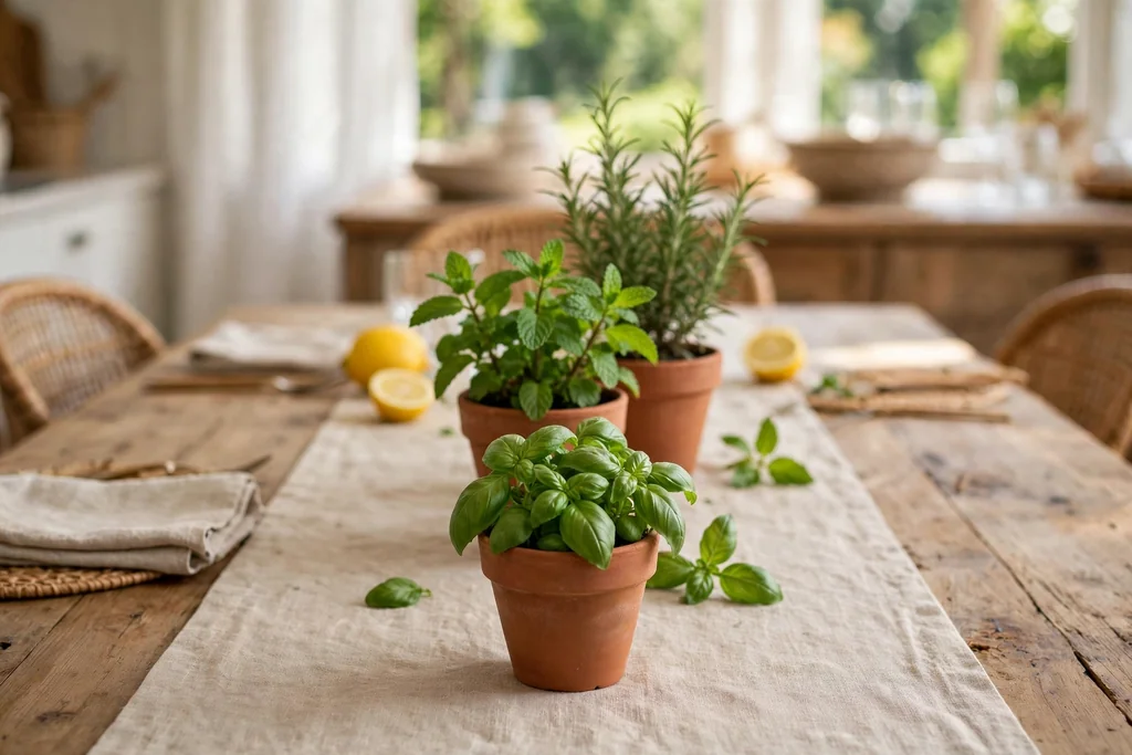 Small terracotta pots of basil, mint, and rosemary grouped down the center of a summer dining table.