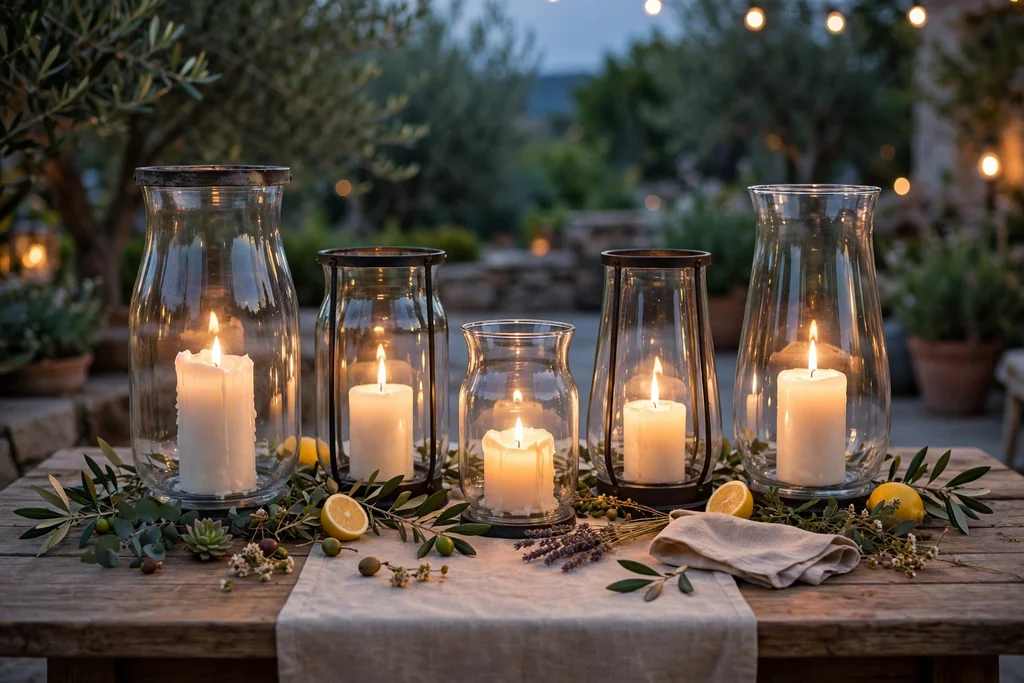 Glass hurricane lanterns of different heights with candles down the center of an evening summer table.