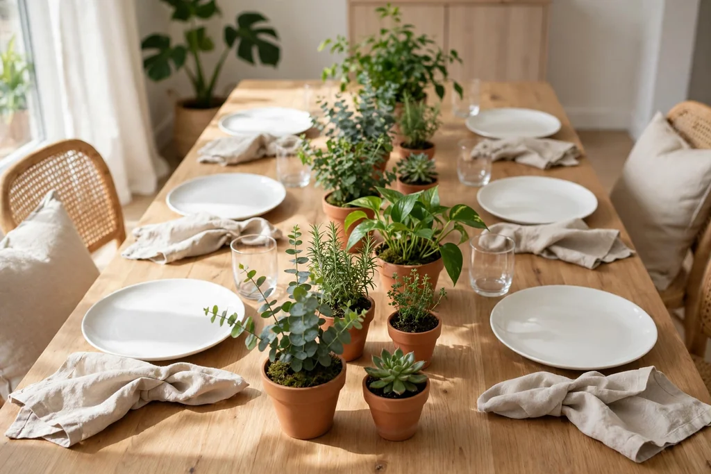 Indoor dining table with potted green plants down the center, white plates, and linen napkins.