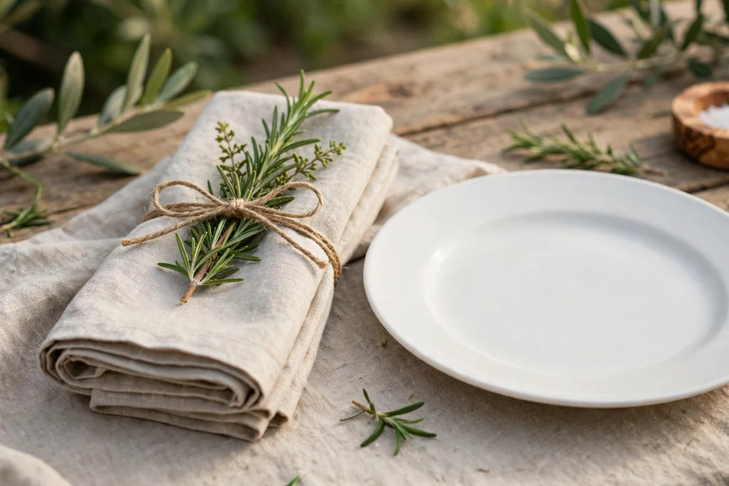 Folded linen napkin wrapped with twine and a fresh rosemary sprig beside a white plate on a summer table.