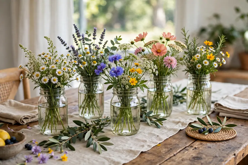 Mason jars with short stems of summer flowers set down the center of a casual gathering table.