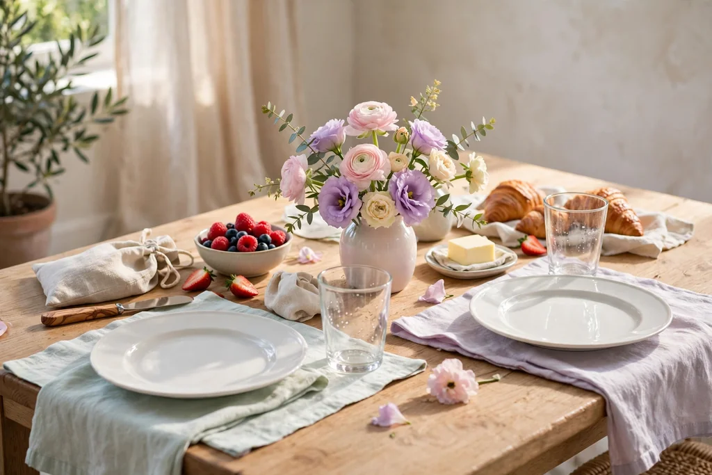 Summer brunch table with pastel napkins, white plates, clear glasses, and a small vase of pastel flowers.