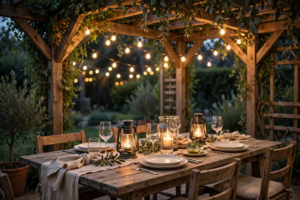 Dining table under a pergola with string lights above, hurricane lanterns, and linen napkins in the evening.