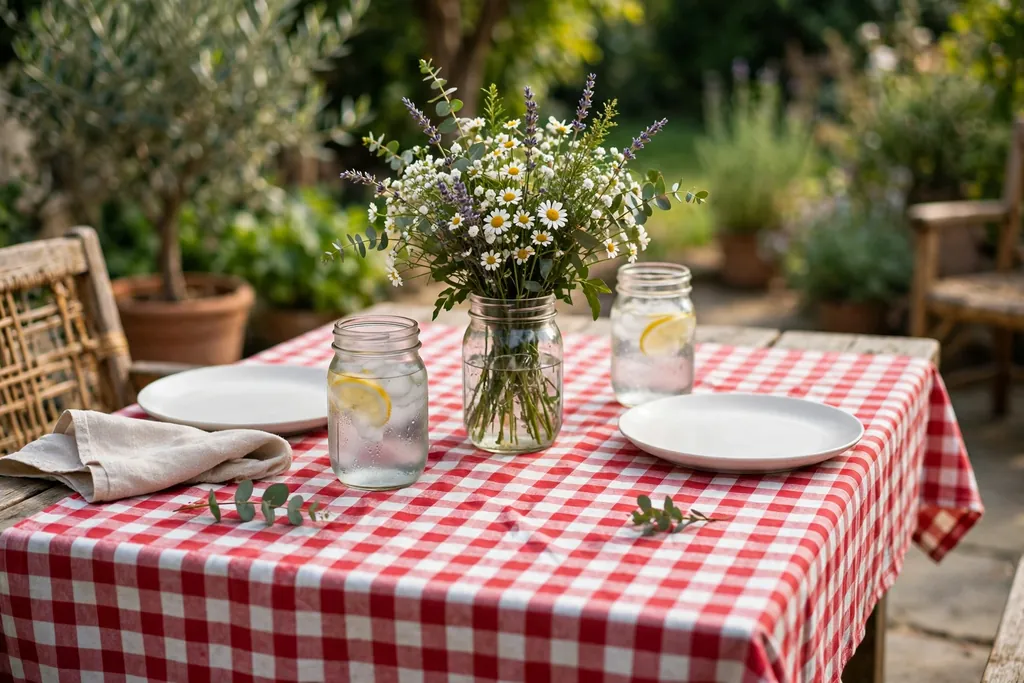 Patio table with a red and white checkered cloth, simple plates, mason jar glasses, and a jar of flowers.