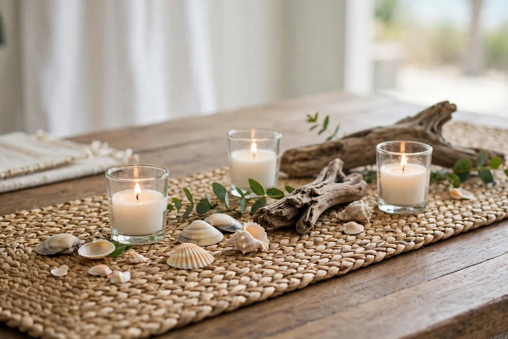 Seagrass runner on a dining table with a few shells, driftwood, and short candles in glass holders.