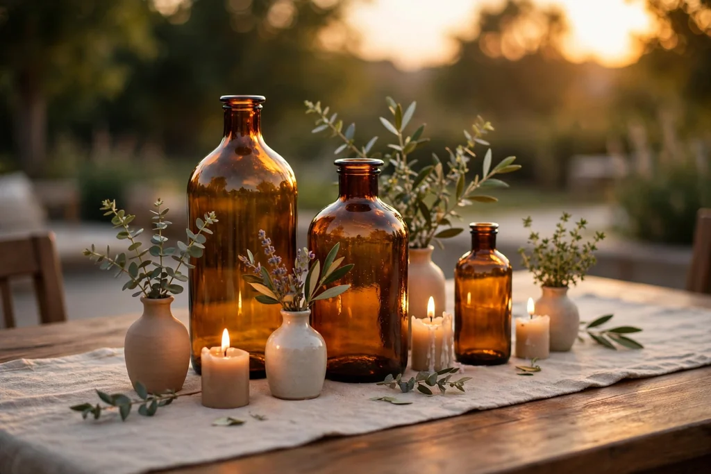 Dining table centerpiece of amber glass bottles and small vases with short candles in warm evening light.