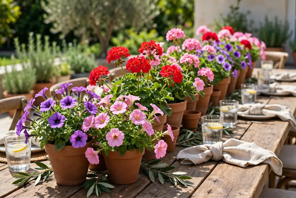 Terracotta pots of geraniums and petunias grouped down the center of a summer dining table.
