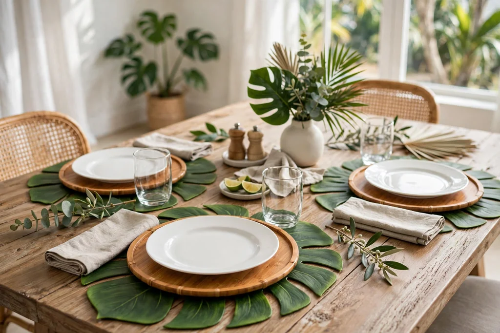 Dining table with tropical leaf placemats, bamboo chargers, white plates, and clear glasses.