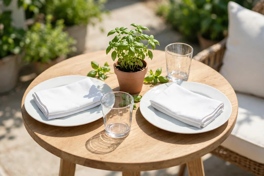 Small round table with white plates, white napkins, clear glasses, and one small herb pot centerpiece.