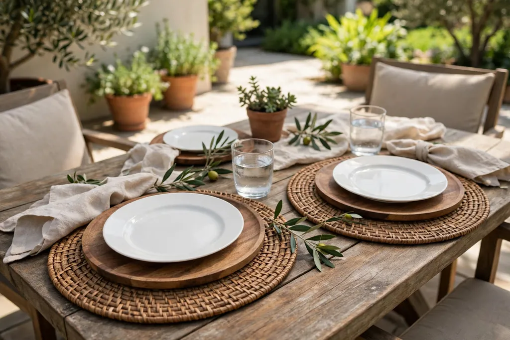Round woven placemats with wood chargers under white plates on a patio dining table.