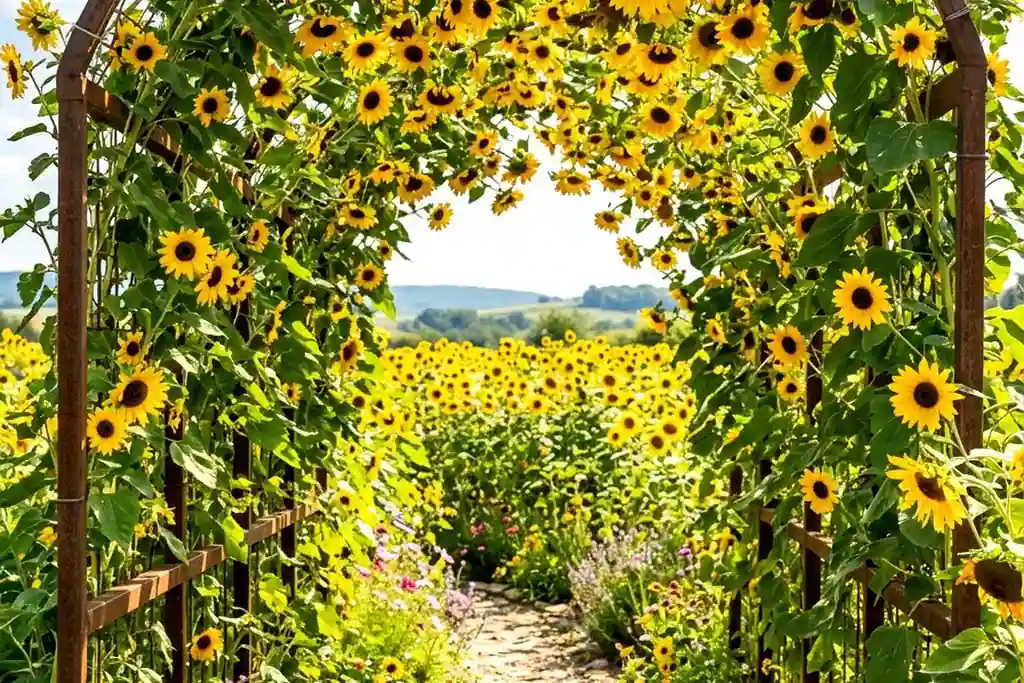 Sunflowers growing over a garden arch above a path.
