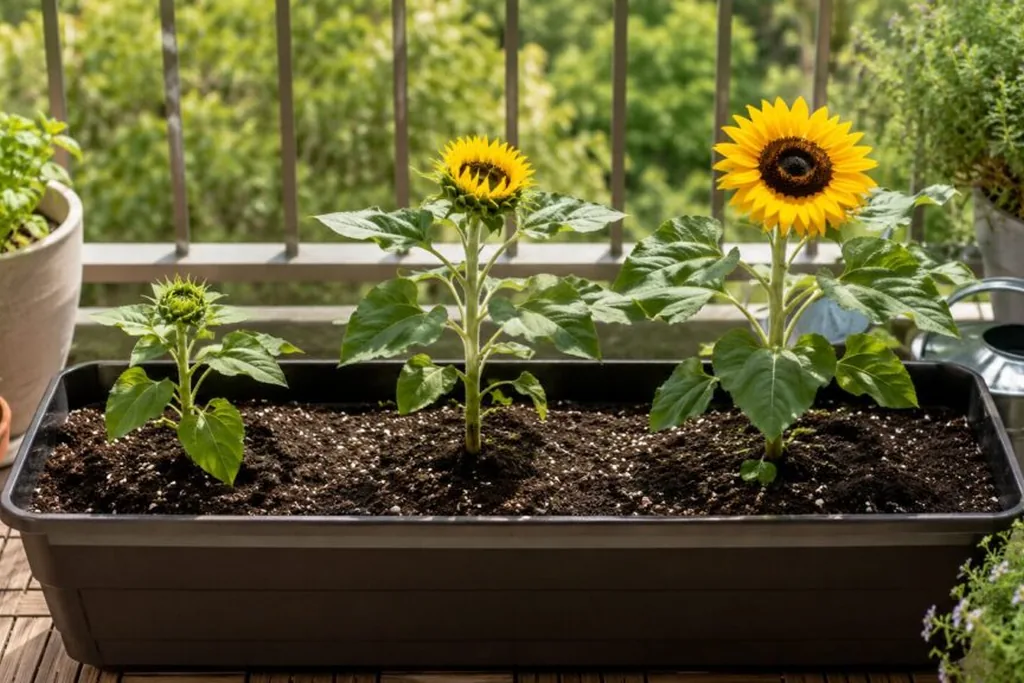 Dwarf sunflowers in planters on a sunny balcony railing.