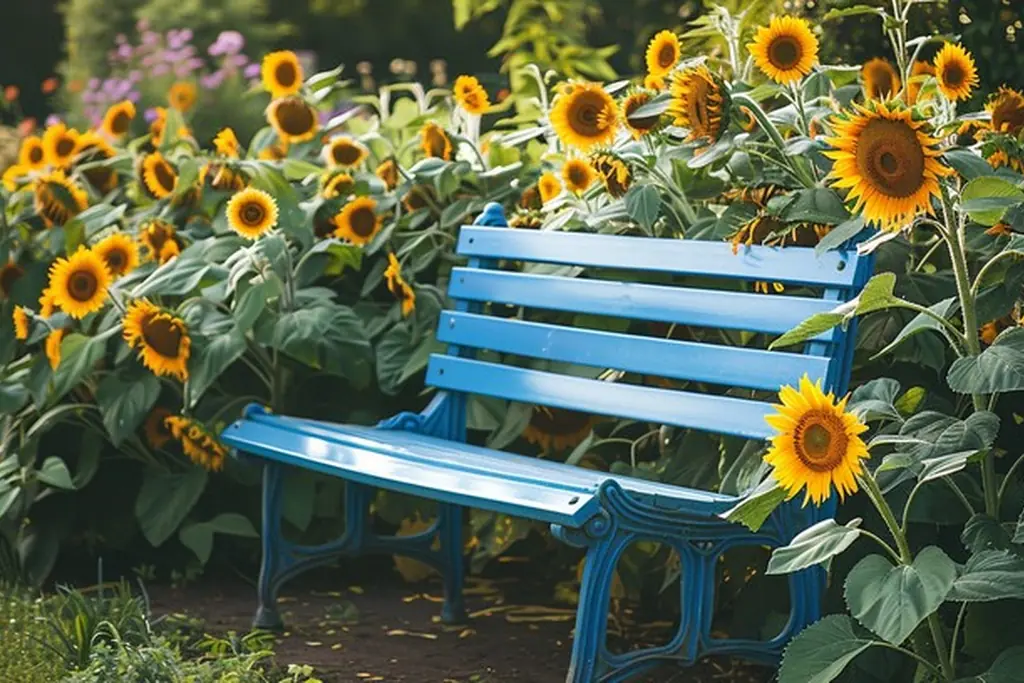Wooden garden bench surrounded by tall sunflowers.