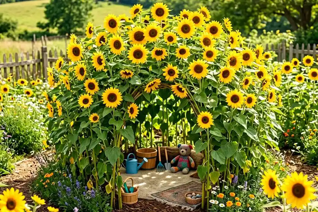 Circle of tall sunflowers forming a living den in a garden.