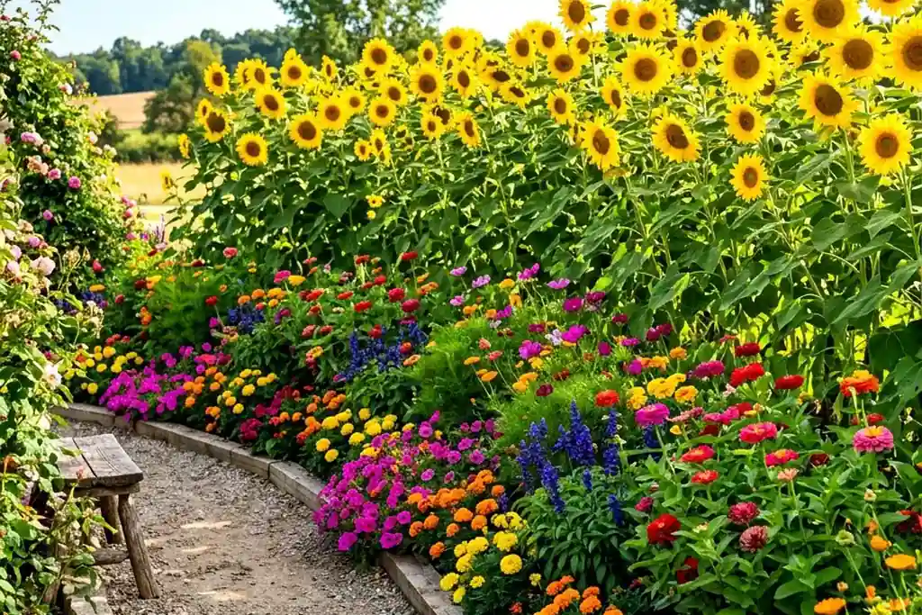 Cottage garden border with tall sunflowers mixed with zinnias and cosmos.
