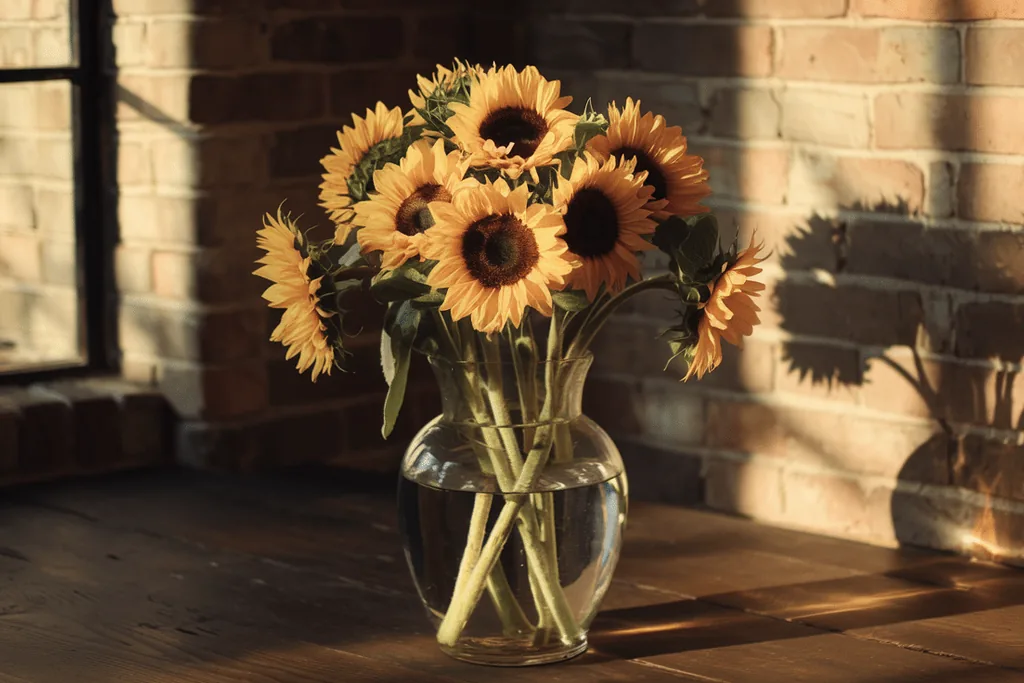 Cut sunflower stems in a tall vase on a table.
