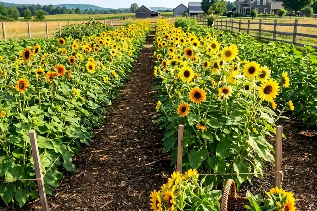 Straight row of sunflowers grown for cutting in a garden bed.