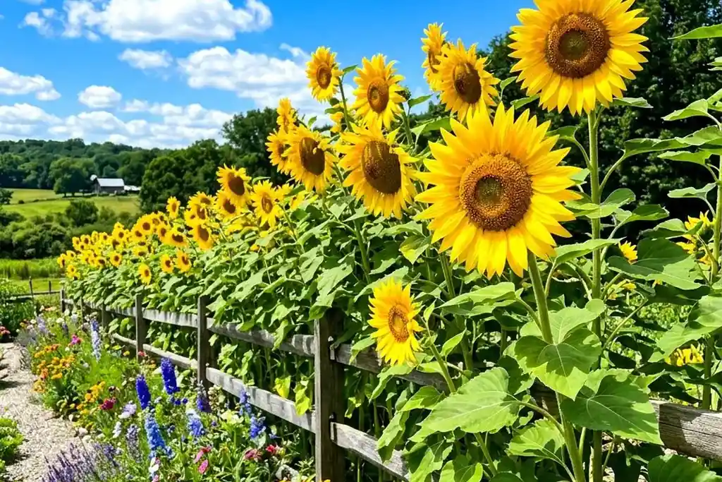 Tall yellow sunflowers growing in a row along a wooden garden fence.