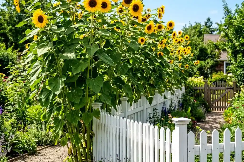 Group of sunflowers filling a corner where two garden fences meet.