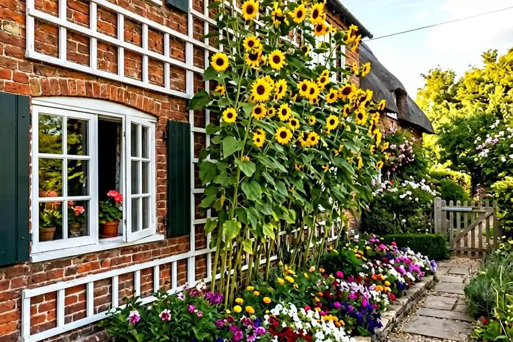 Sunflower bed beside a front garden path leading to a house door.
