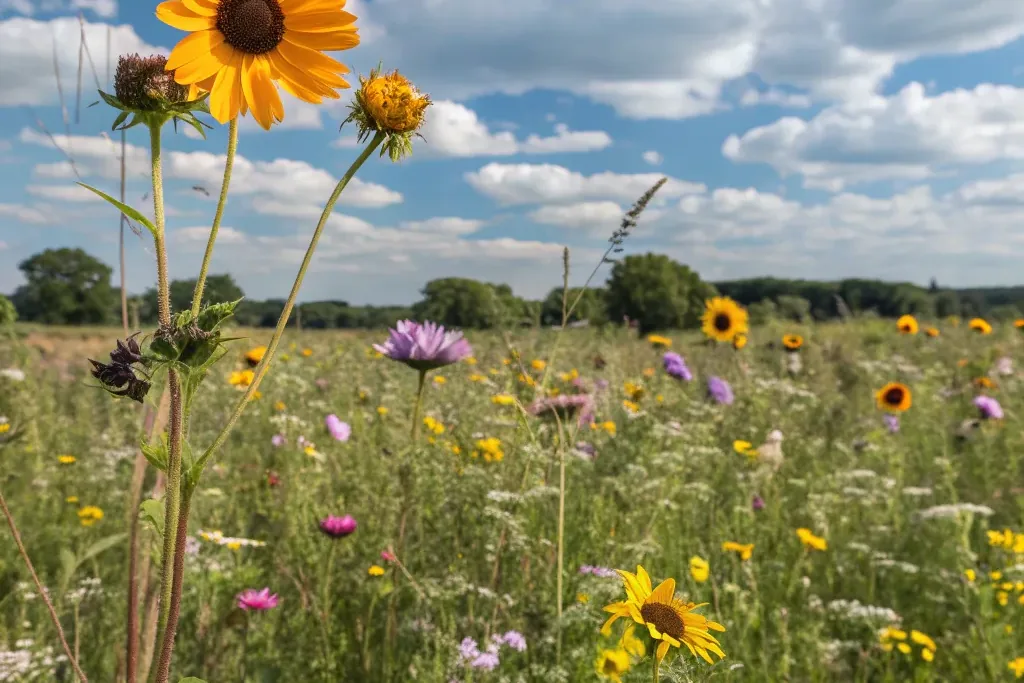 Loose meadow patch with sunflowers among cosmos and wildflowers.