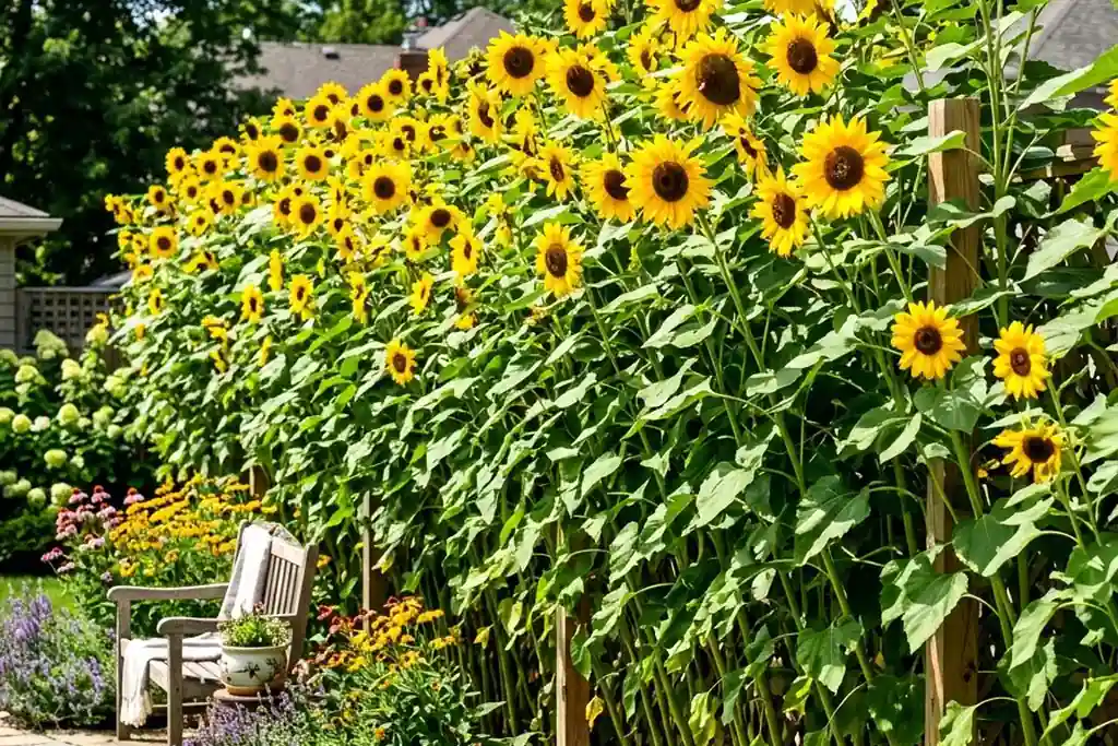 Dense row of tall sunflowers screening a patio seating area.