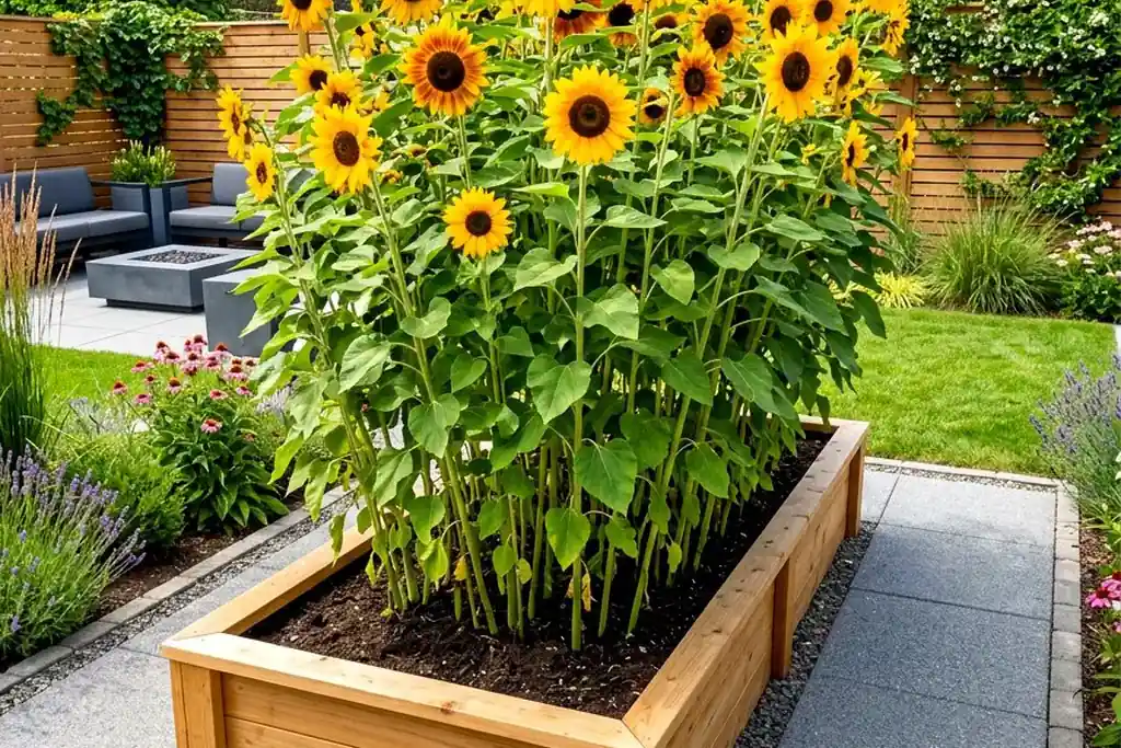 Raised garden bed with tall and dwarf sunflowers at different heights.
