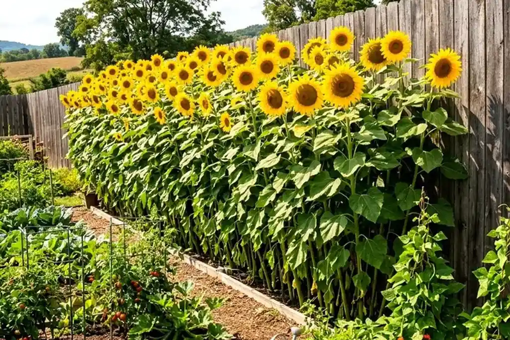 Single row of sunflowers in a narrow side garden strip beside a fence.