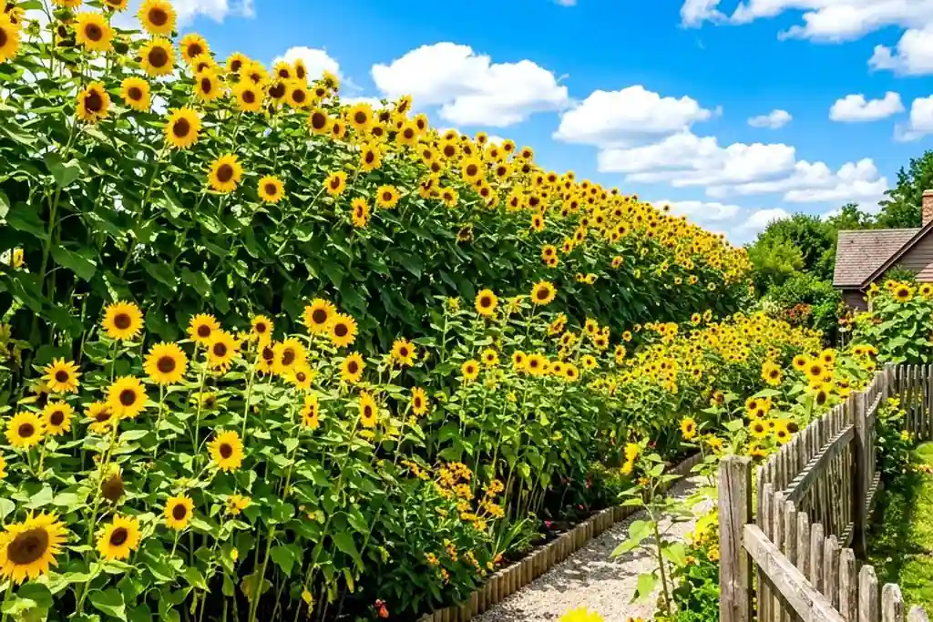 Sunflowers planted in rows down a sunny garden slope.