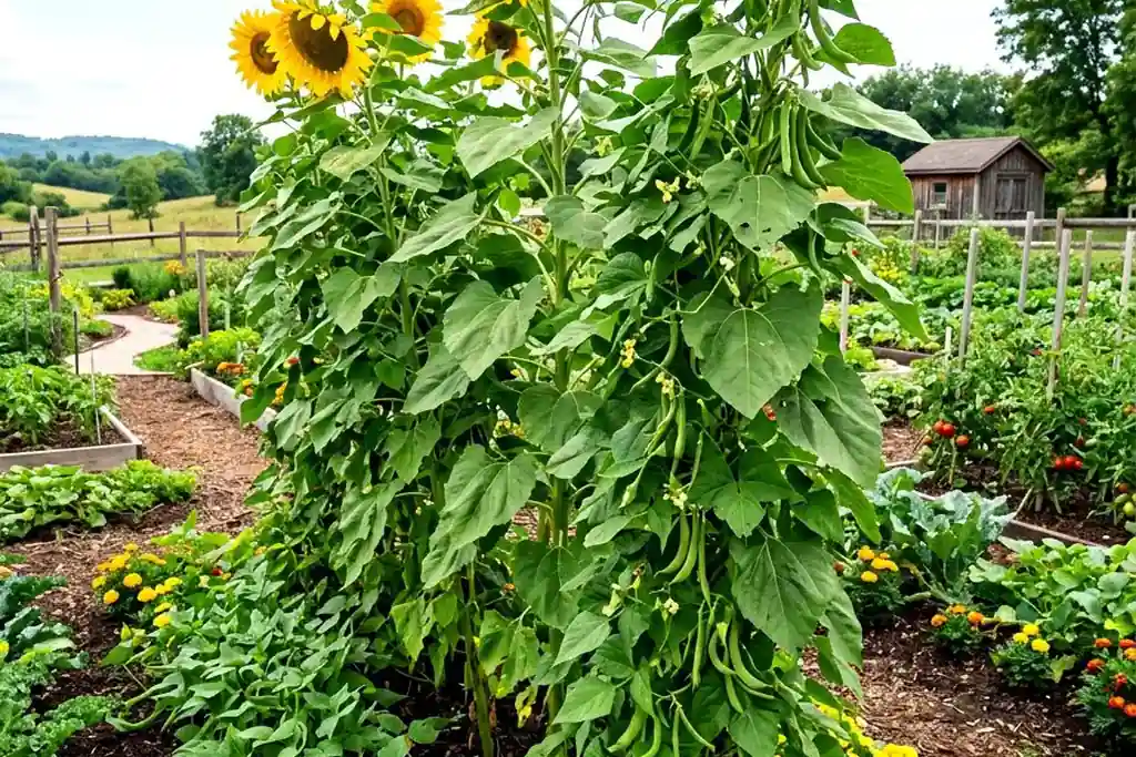 Sunflowers growing beside rows of vegetables in a kitchen garden.