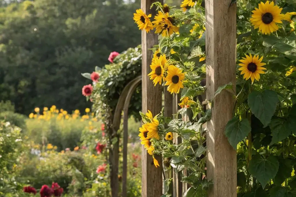 Sunflowers trained up a trellis against a sunny garden wall.