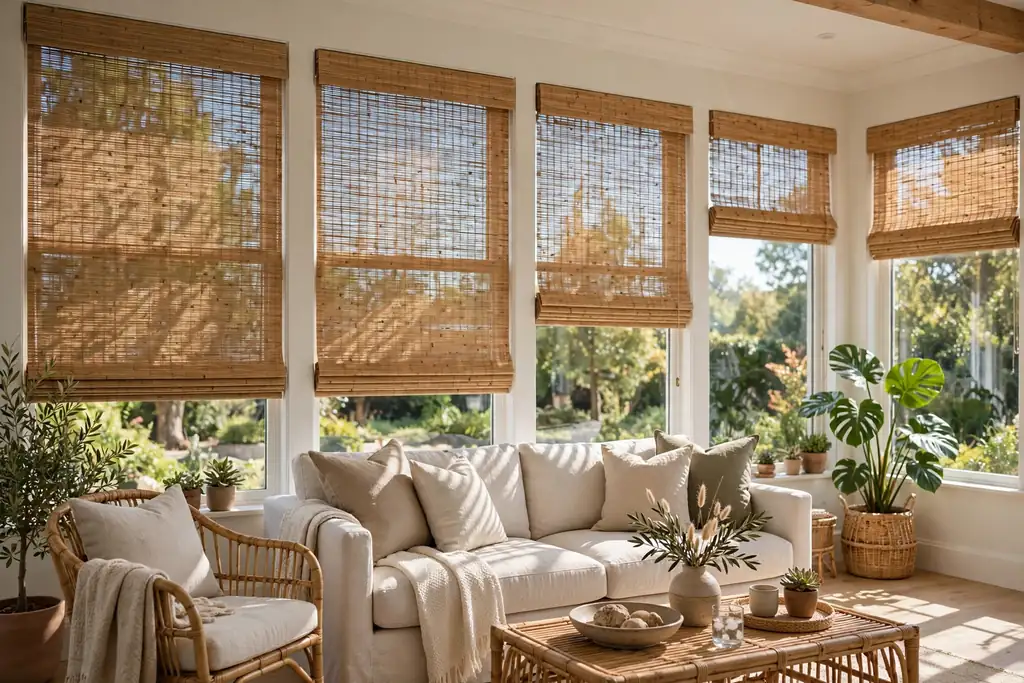 Bamboo woven shades lowered halfway over sunroom windows at midday.