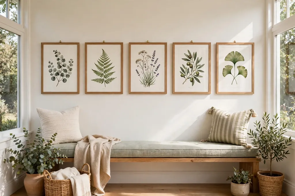 Framed botanical prints hung in a row on a solid sunroom wall above a bench.