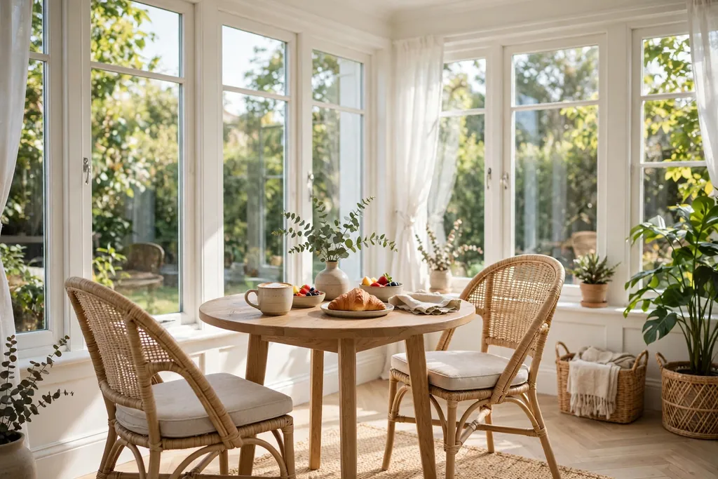 Small round breakfast table with two chairs by bright sunroom windows.
