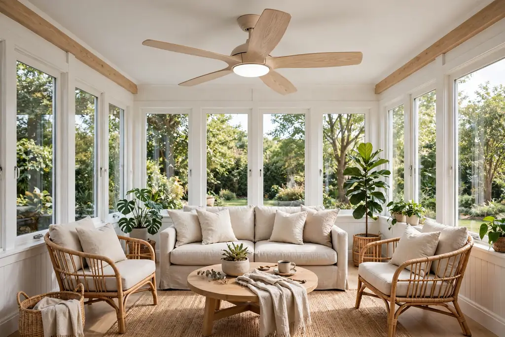 Sunroom ceiling fan with light wood blades centered over a seating group.