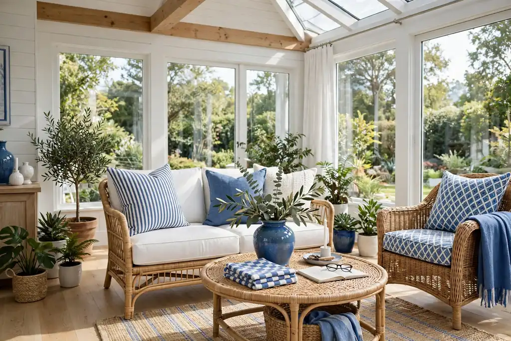 Sunroom with blue and white accents, a striped pillow, and a blue ceramic vase.