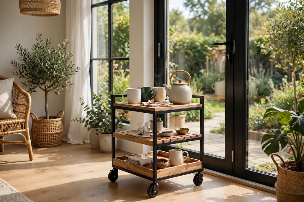 Small rolling coffee cart with mugs and a teapot near a sunroom door.