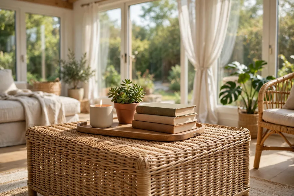 Wicker coffee table with a tray holding a candle, small plant, and books in a sunroom.