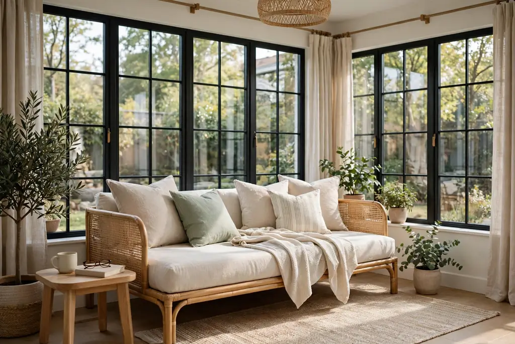 Daybed with a light throw and washable pillows along a sunroom window wall.