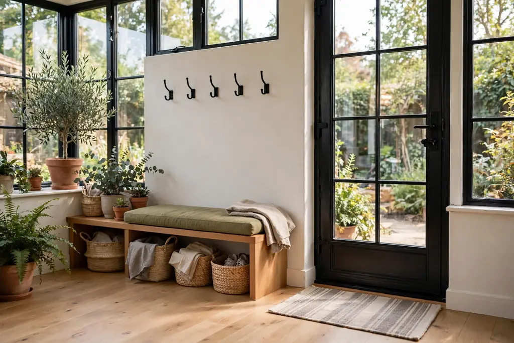 Low entry bench with wall hooks and a washable mat just inside a sunroom door.