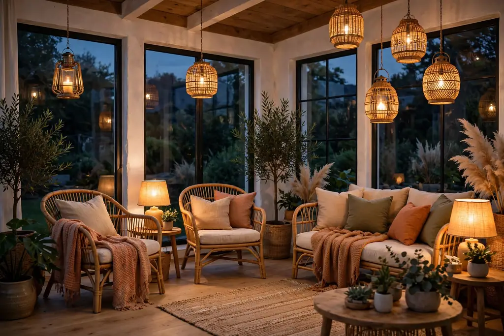 Sunroom in the evening with lanterns and low lamps giving warm light beside seating.
