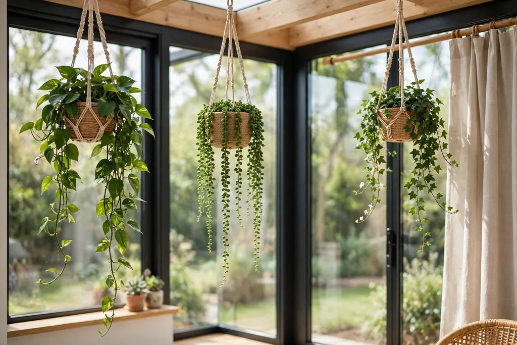 Hanging planters with trailing plants near sunroom glass, clear of the main view.