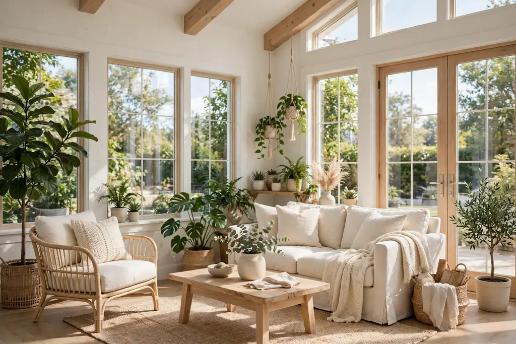 Sunroom with white and cream walls, light furniture, and green plants in daylight.