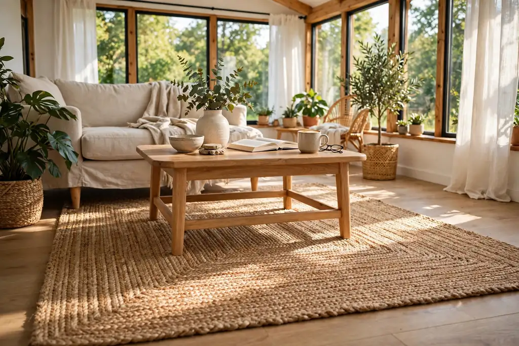 Natural jute rug under a coffee table and sofa legs in a bright sunroom.