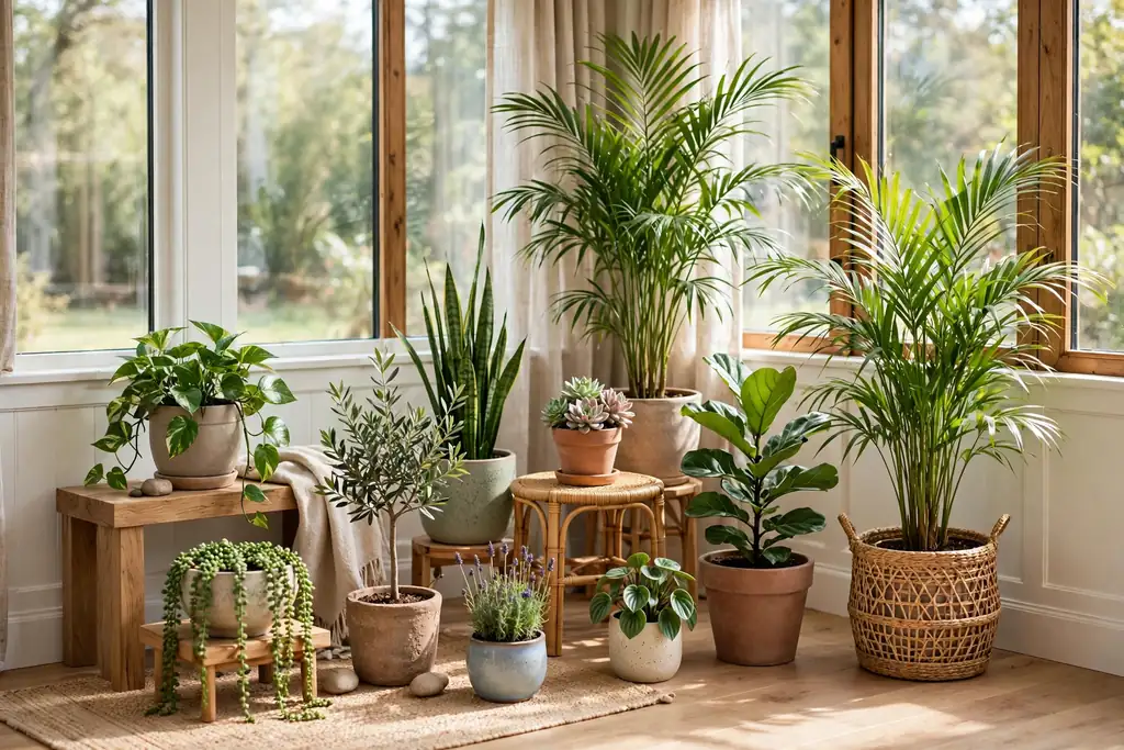 Group of potted plants in varied heights on the floor and low stands in a sunroom.